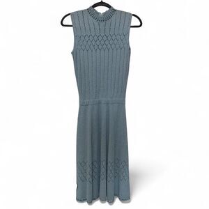 Vintage 1960s/70s Picardo Knits Ice Blue Pointelle Dress Crochet High Neck Midi